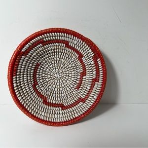 Coil Hand Woven Native African Tribal Round Basket 9” Red White Handmade Bowl
